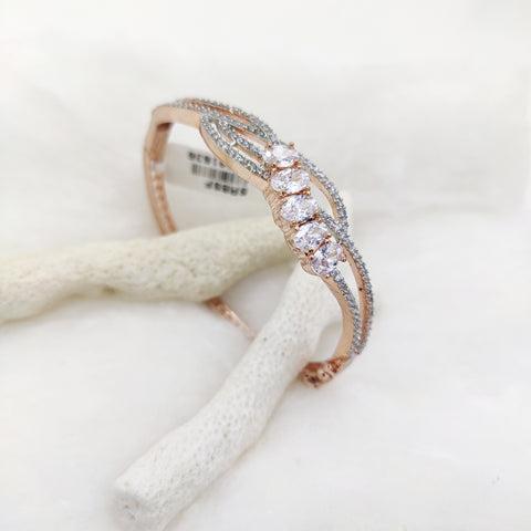 SILVER CZ DIAMOND LINE CONNECT OVAL STONE WITH ROSE GOLD PLATED BRECELET
