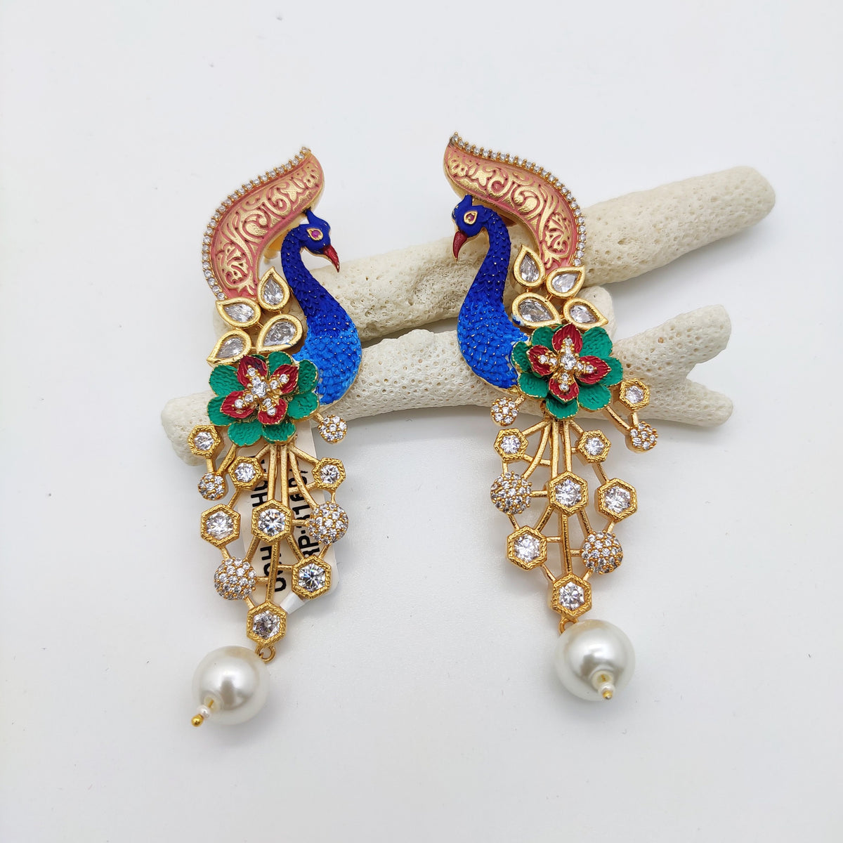ANTIQUE MATT GOLD PLATED PEACOCK EARRING IN HAND PRINT MINA WITH PEARL DROP