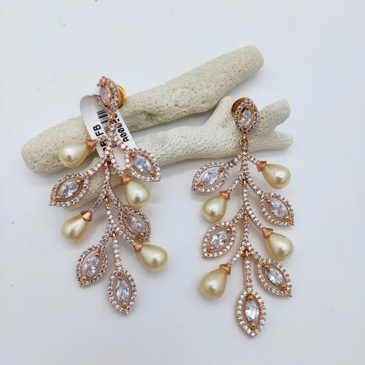 GOLD PLATED LONG EARRING IN UNIQUE LEAF LEAVES DESIGN WITH PEARL