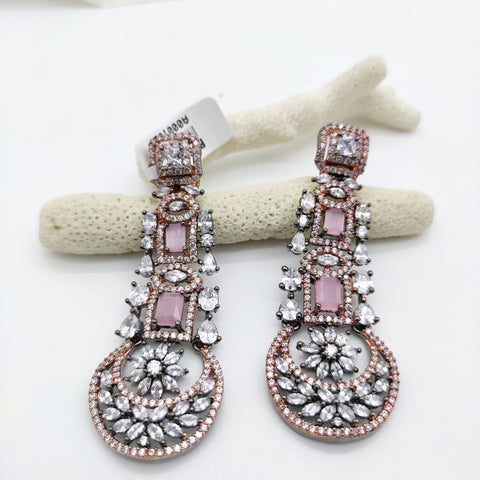 ROSE GOLD AND CHARCOAL PLATED LONG EARRINGS IN CZ DIAMOND WITH PINK STONE