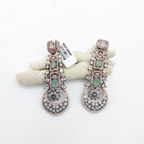 ROSE GOLD AND CHARCOAL PLATED LONG EARRINGS IN CZ DIAMOND WITH MINT STONE