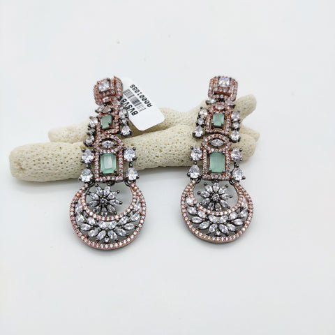 ROSE GOLD AND CHARCOAL PLATED LONG EARRINGS IN CZ DIAMOND WITH MINT STONE