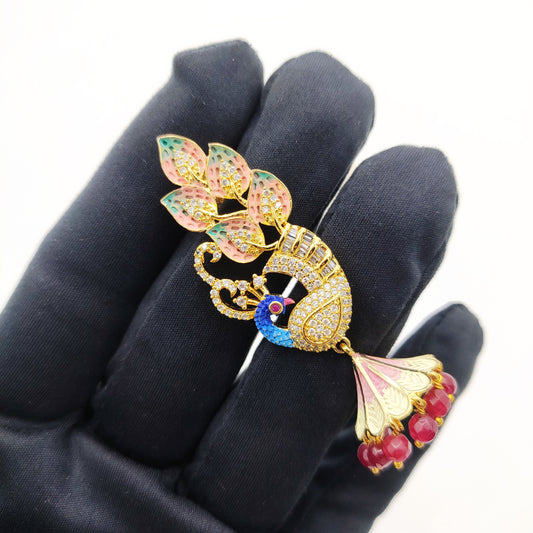 GOLD PLATED PEACOCK EARRING IN HAND PRINT MINA WITH HANGING RUBY BEADS