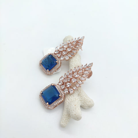 LEAF SHAPE AND SQUARE BLUE STONE WITH ROSE GOLD PLATED EARRING