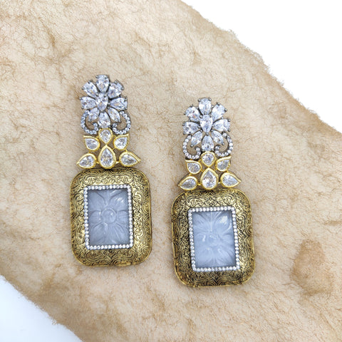 GOLD OXIDISED WITH CHARCOAL PLATED EARRINGS IN GRAY CARVING STONE AND FLORAL DESIGN
