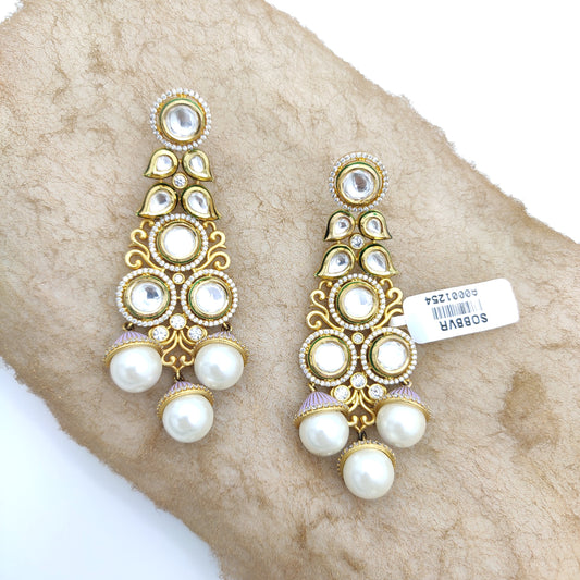 CLASSIC GOLD PLATED AD LONG EARRING WITH SILVER FOIL KUNDAN AND PEARL DROP
