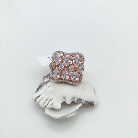 ROSE GOLD PLATED SQUARE LUXURIOUS RING WITH CZ DIAMOND AND LEAF SHAPE STONE