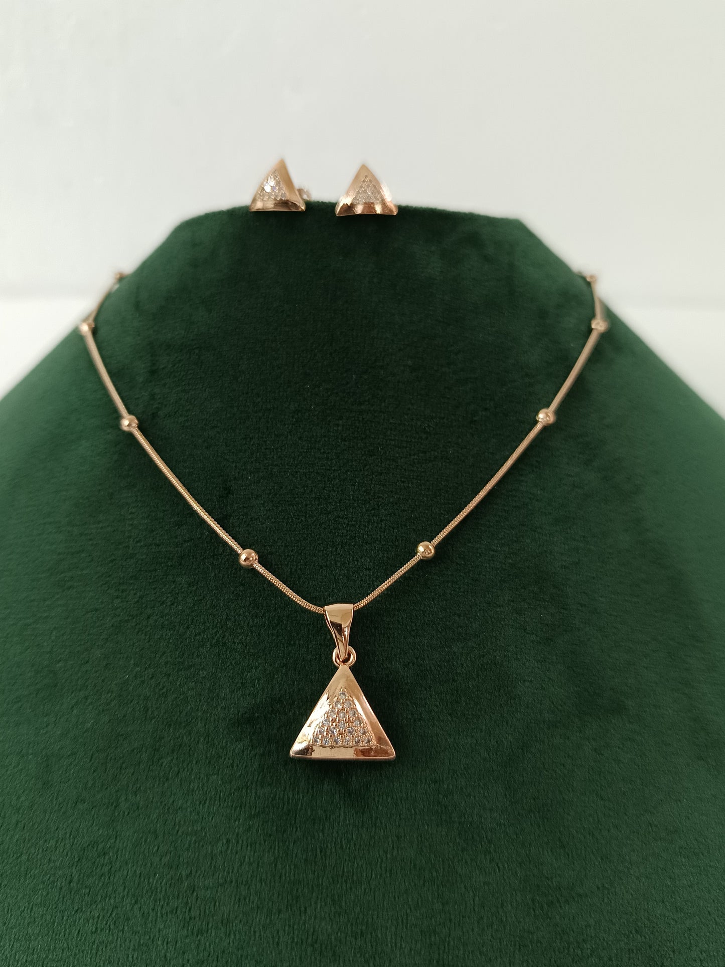 Triangle Design Rose Gold AD Necklace Set with Ear Tops