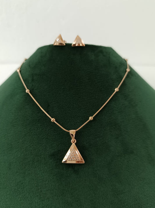 Triangle Design Rose Gold AD Necklace Set with Ear Tops