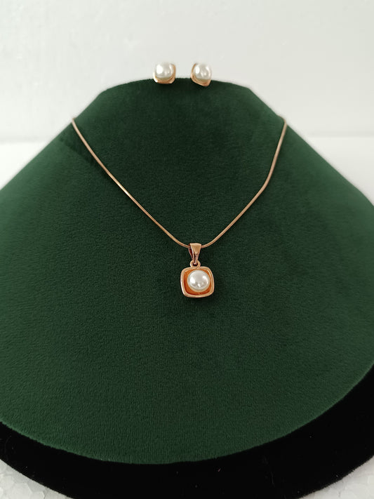 Elegant Pearl Rose Gold Necklace Set with Chain & Ear Tops