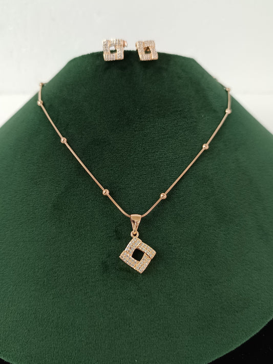 Gleaming Square Rose Gold AD Necklace Set with Chain & Ear Tops
