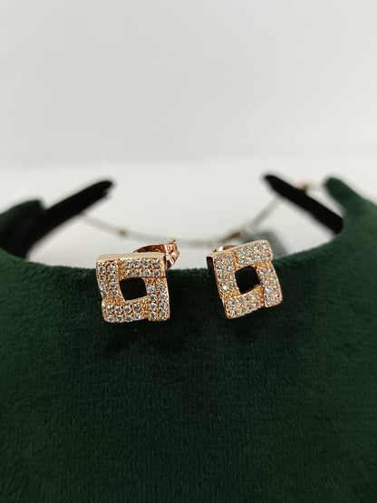 Gleaming Square Rose Gold AD Necklace Set with Chain & Ear Tops