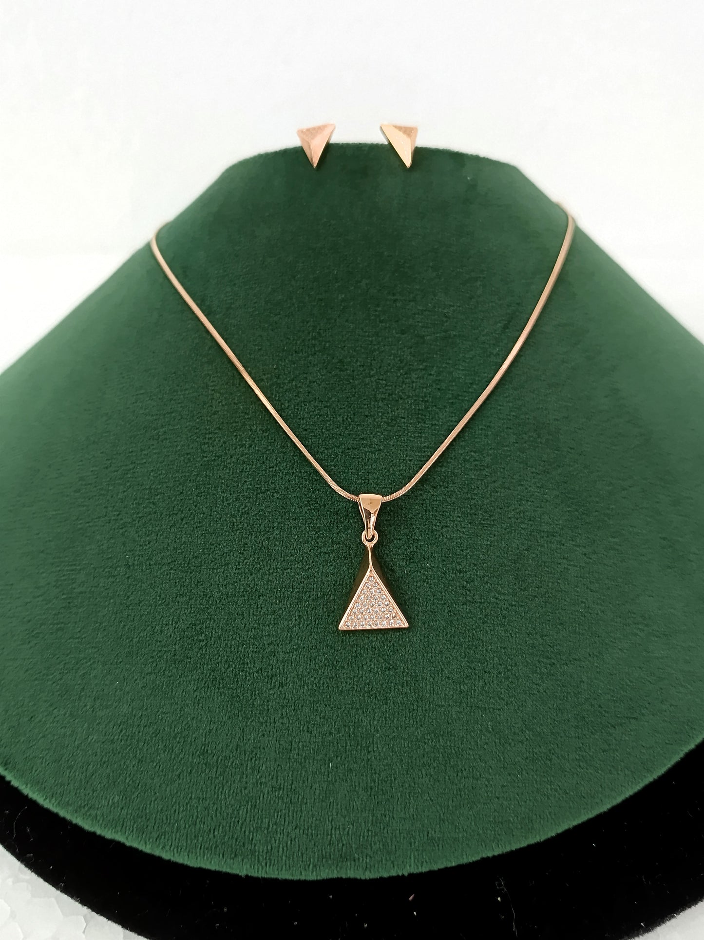 Elegant Triangle Pyramid Rose Gold AD Necklace Set with Chain & Ear Tops