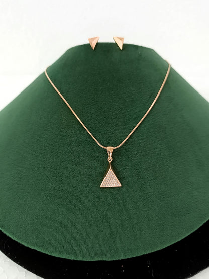 Elegant Triangle Pyramid Rose Gold AD Necklace Set with Chain & Ear Tops