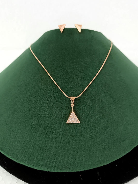 Elegant Triangle Pyramid Rose Gold AD Necklace Set with Chain & Ear Tops