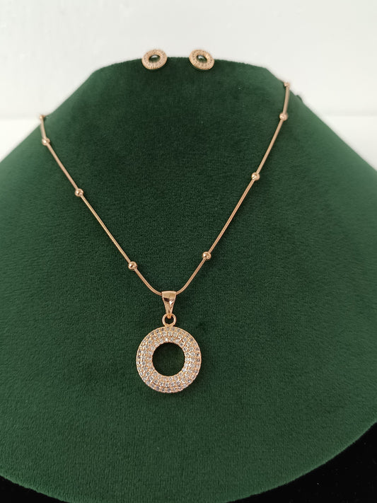 Timeless Circle Rose Gold AD Necklace Set with Chain & Ear Tops