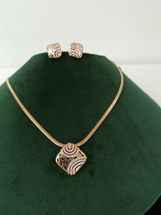 "Luminous Rose Gold Whisper: Laser-Cut American Diamond Necklace Set"