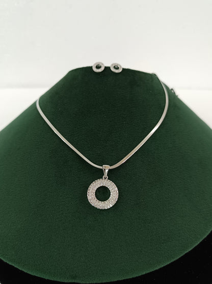 "Silver Moon Glow: American Diamond Circle Necklace Set"