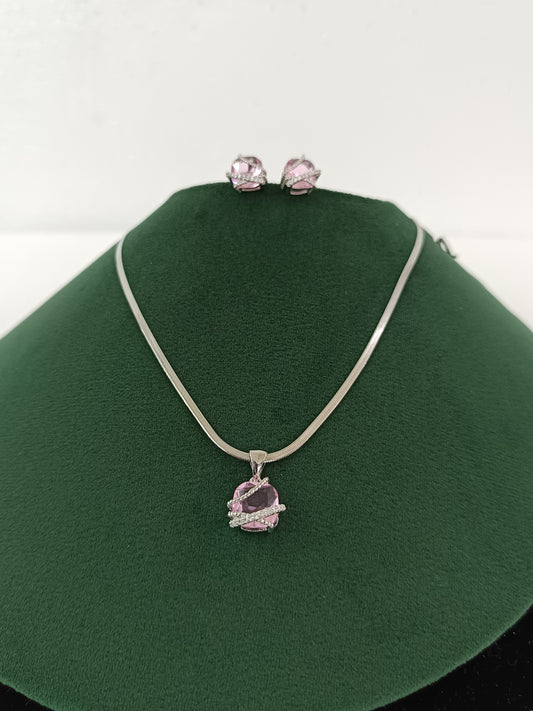 Silver Finish AD Perpal Dezzal Pendant Set with Chain & Ear Tops