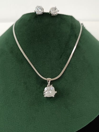 Delicate Silver Finish AD Dezzal Pendant Set with Chain & Ear Tops