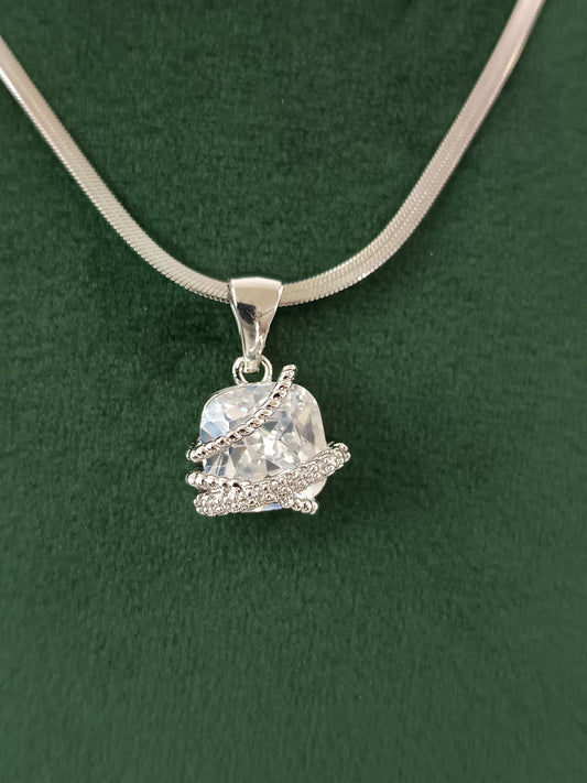 Delicate Silver Finish AD Dezzal Pendant Set with Chain & Ear Tops