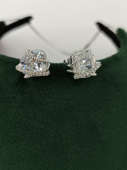Delicate Silver Finish AD Dezzal Pendant Set with Chain & Ear Tops