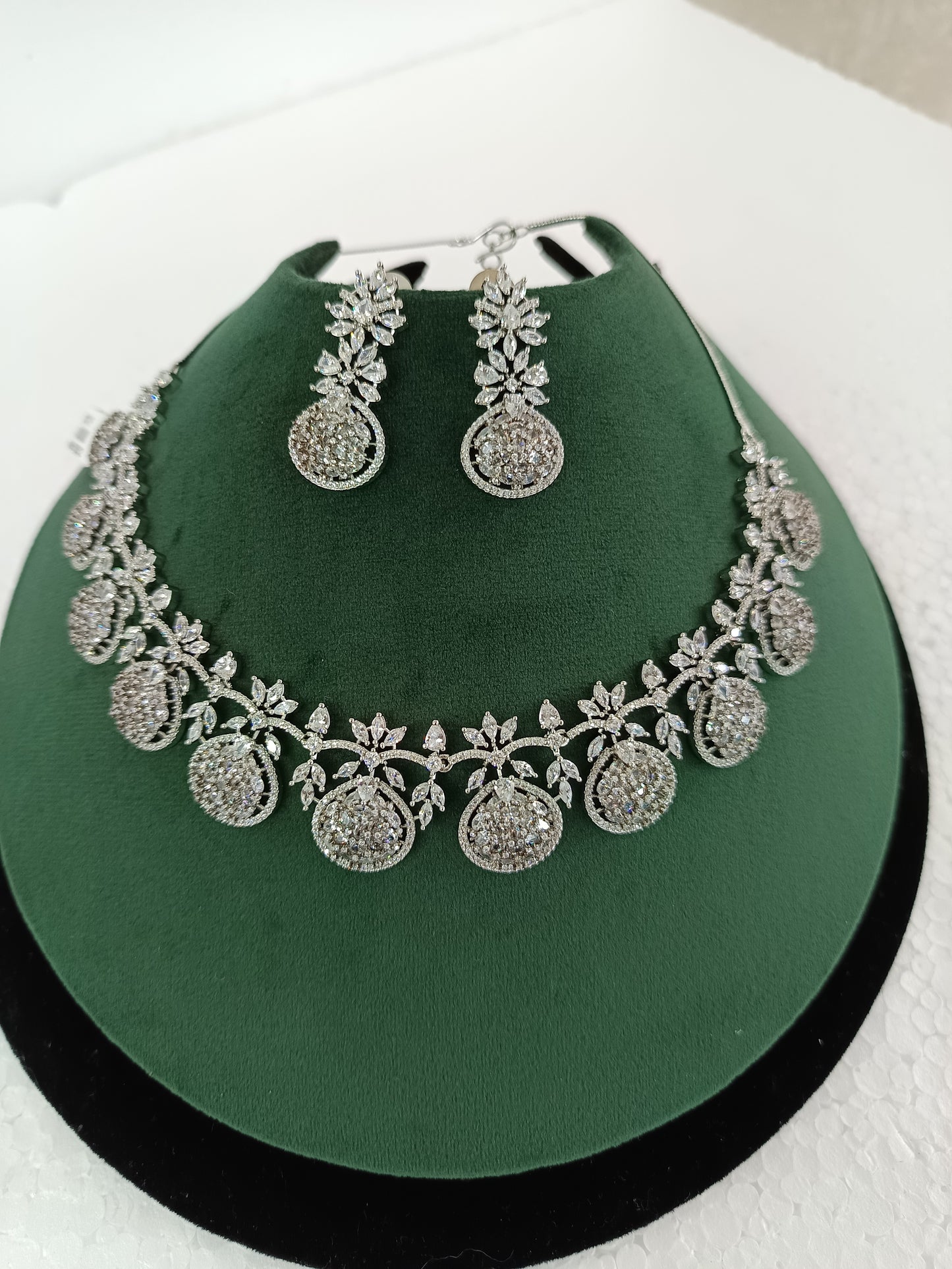 Premium Rhodium-Plated Grace & Glow Silver Finish American Diamond Necklace Set