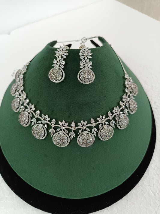 Premium Rhodium-Plated Grace & Glow Silver Finish American Diamond Necklace Set