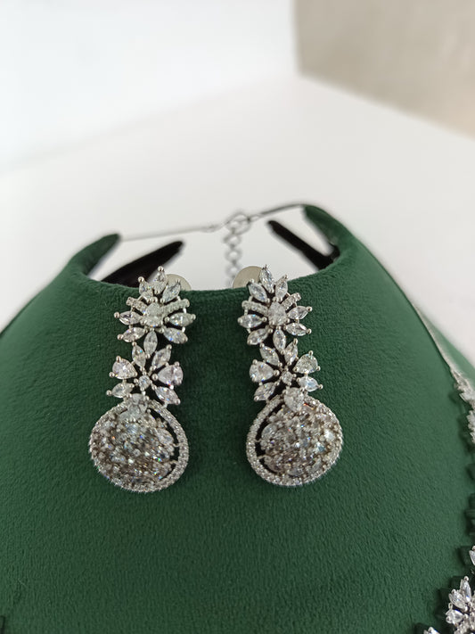 Premium Rhodium-Plated Grace & Glow Silver Finish American Diamond Necklace Set