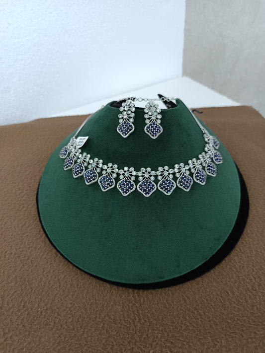 Midnight Elegance – Rhodium-Plated White & Blue American Diamond Necklace Set