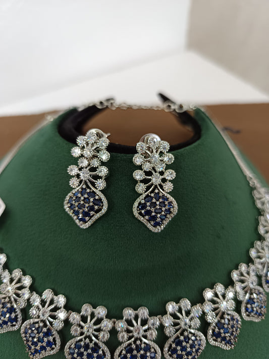 Midnight Elegance – Rhodium-Plated White & Blue American Diamond Necklace Set