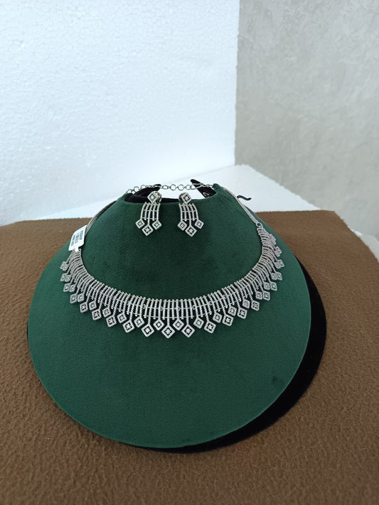 Ziva Grid – Rhodium-Plated American Diamond Statement Necklace Set