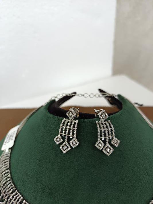 Ziva Grid – Rhodium-Plated American Diamond Statement Necklace Set