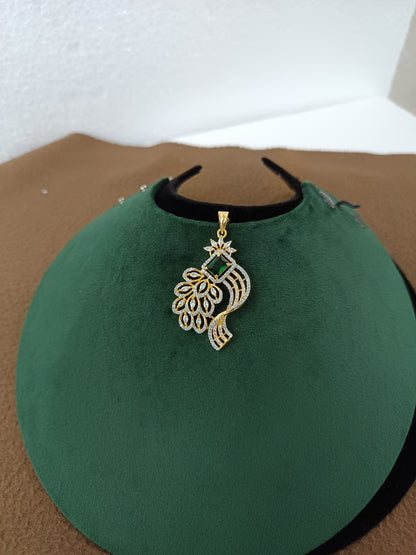 Peacock Elegance – Gold & Rhodium-Plated American Diamond Pendant Set with Green Stone Accent