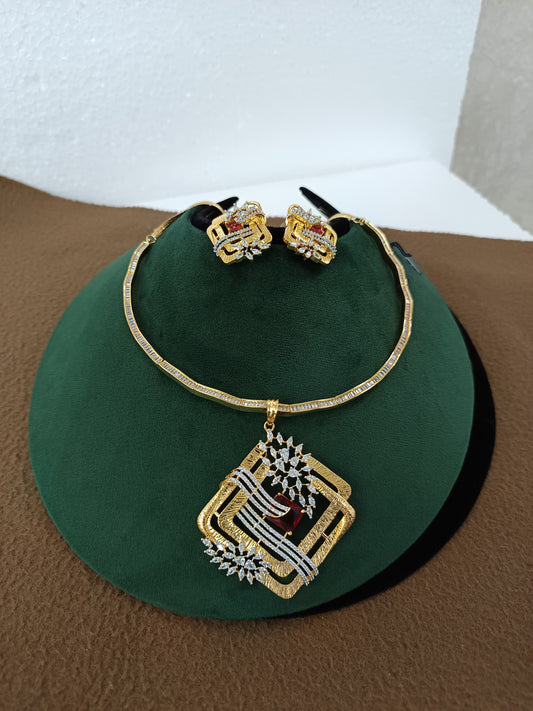 Crimson Radiance Pendant Set with Baguette Diamond Slider – Gold & Rhodium Plated