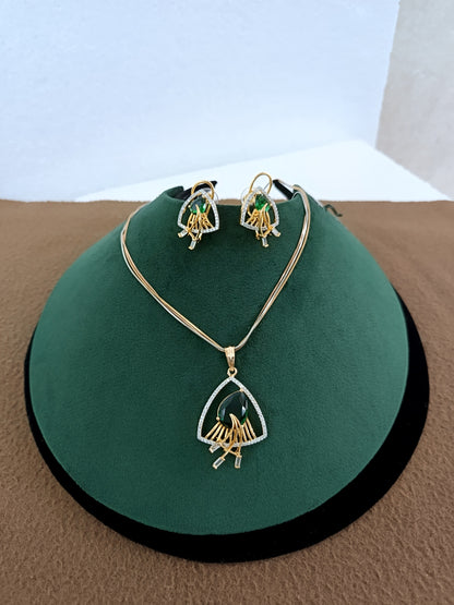 Emerald Teardrop Elegance – Gold & Rhodium Plated American Diamond Pendant Set