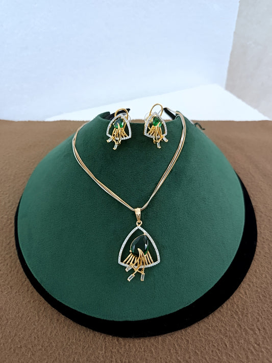 Emerald Teardrop Elegance – Gold & Rhodium Plated American Diamond Pendant Set