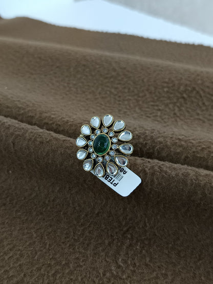 Royal Bloom – Antique Gold Plated Kundan Adjustable Ring with Pear-Shaped Color Stone