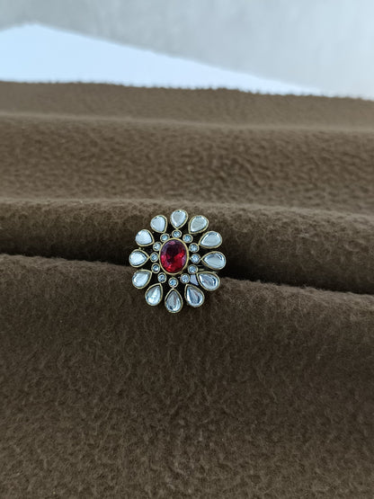 Regal Bloom – Antique Gold Plated Kundan Adjustable Ring with Oval Stone