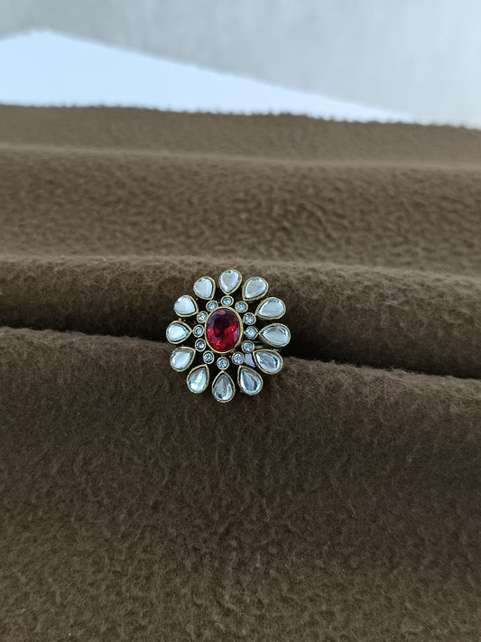 Regal Bloom – Antique Gold Plated Kundan Adjustable Ring with Oval Stone