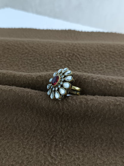 Regal Bloom – Antique Gold Plated Kundan Adjustable Ring with Oval Stone