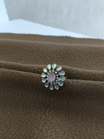 Regal Bloom – Antique Gold Plated Kundan Adjustable Ring with Oval Stone