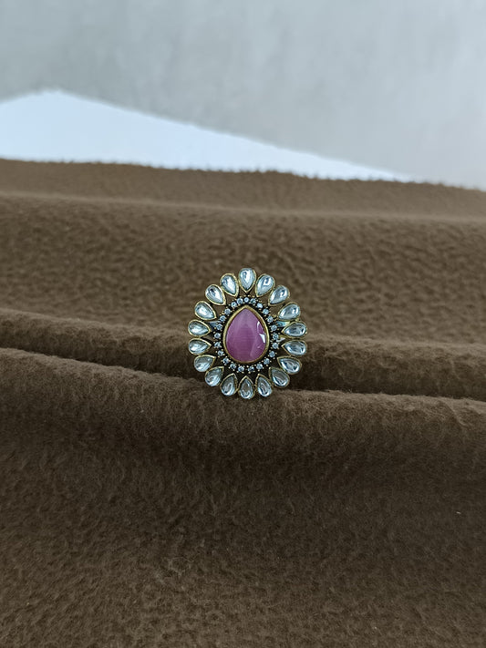 Royal Bloom – Antique Gold Plated Kundan Adjustable Ring with Pear-Shaped Color Stone
