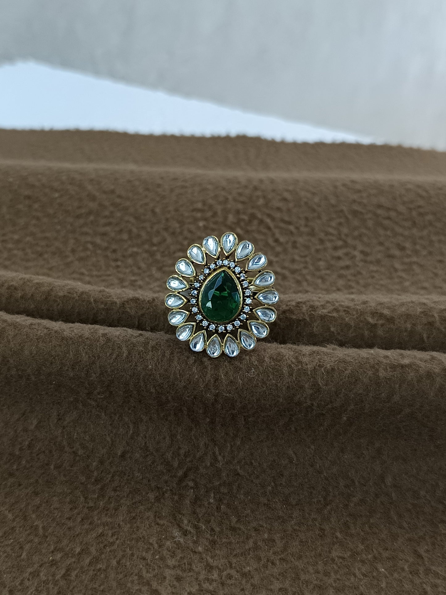 Royal Bloom – Antique Gold Plated Kundan Adjustable Ring with Pear-Shaped Color Stone