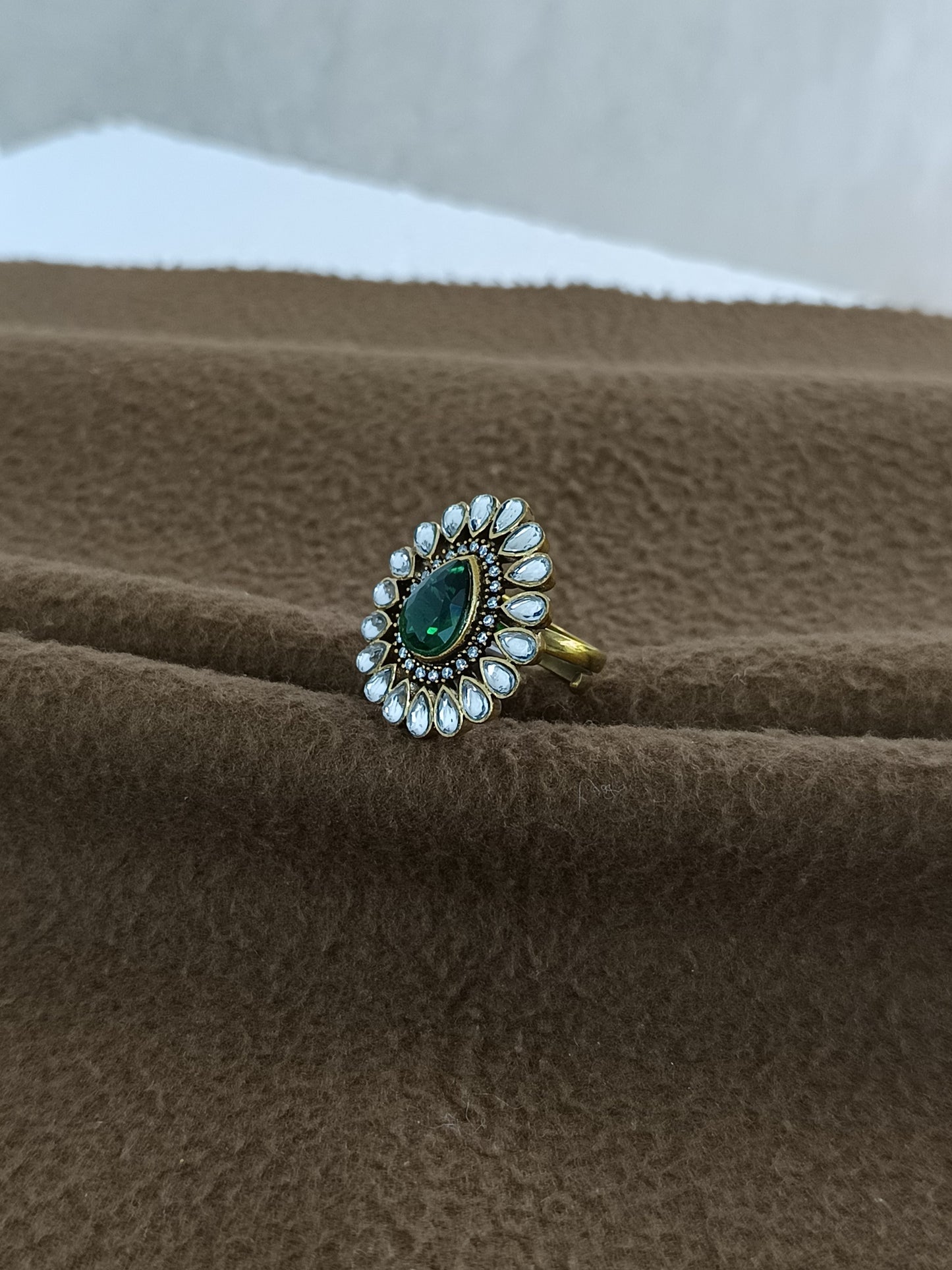 Royal Bloom – Antique Gold Plated Kundan Adjustable Ring with Pear-Shaped Color Stone