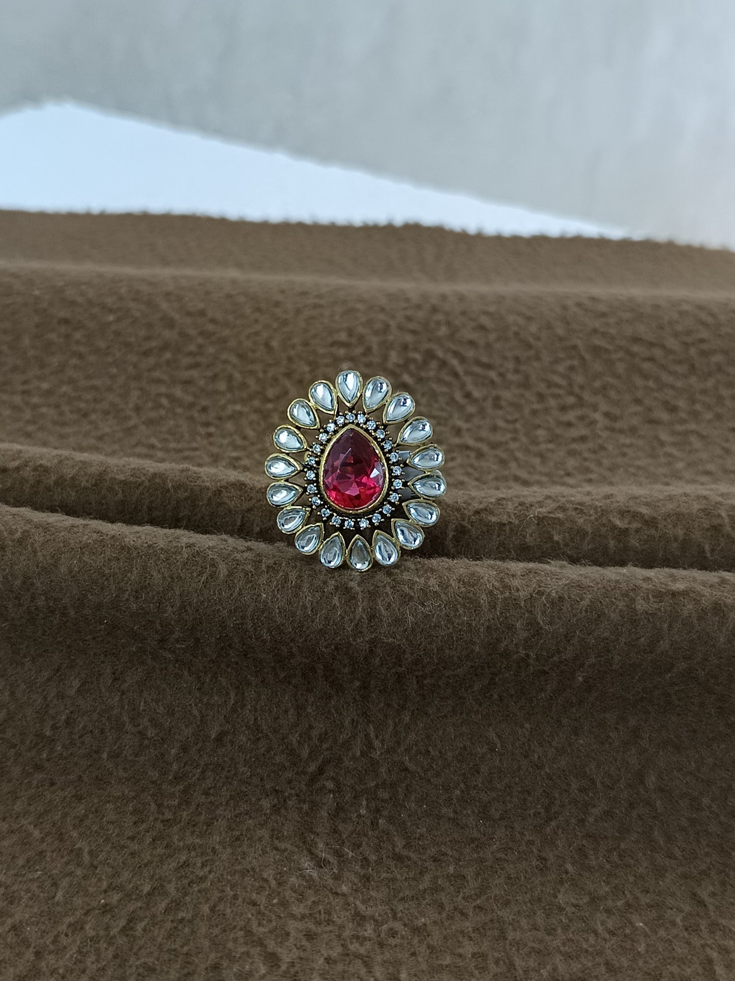 Royal Bloom – Antique Gold Plated Kundan Adjustable Ring with Pear-Shaped Color Stone