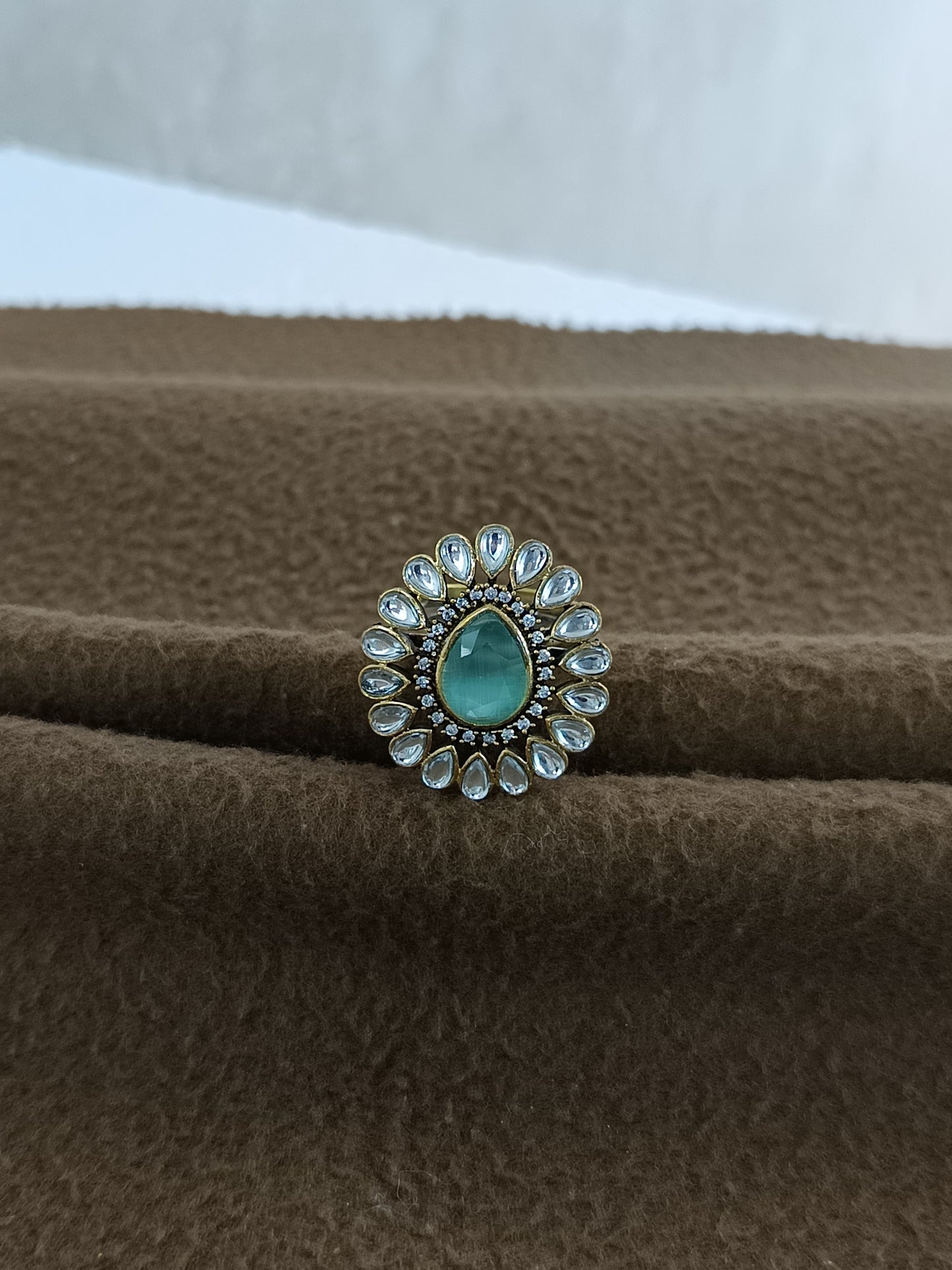 Royal Bloom – Antique Gold Plated Kundan Adjustable Ring with Pear-Shaped Color Stone