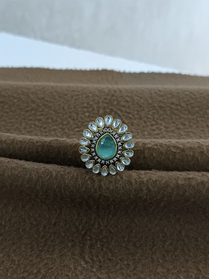 Royal Bloom – Antique Gold Plated Kundan Adjustable Ring with Pear-Shaped Color Stone