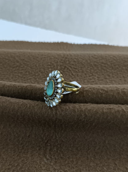 Royal Bloom – Antique Gold Plated Kundan Adjustable Ring with Pear-Shaped Color Stone