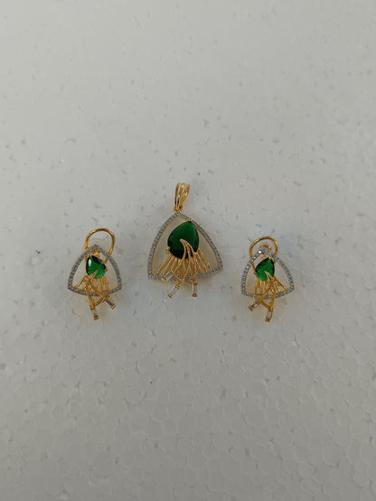 Emerald Teardrop Elegance – Gold & Rhodium Plated American Diamond Pendant Set